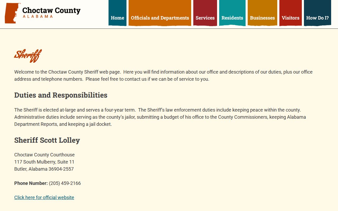 Choctaw County criminal records sheriff contact page